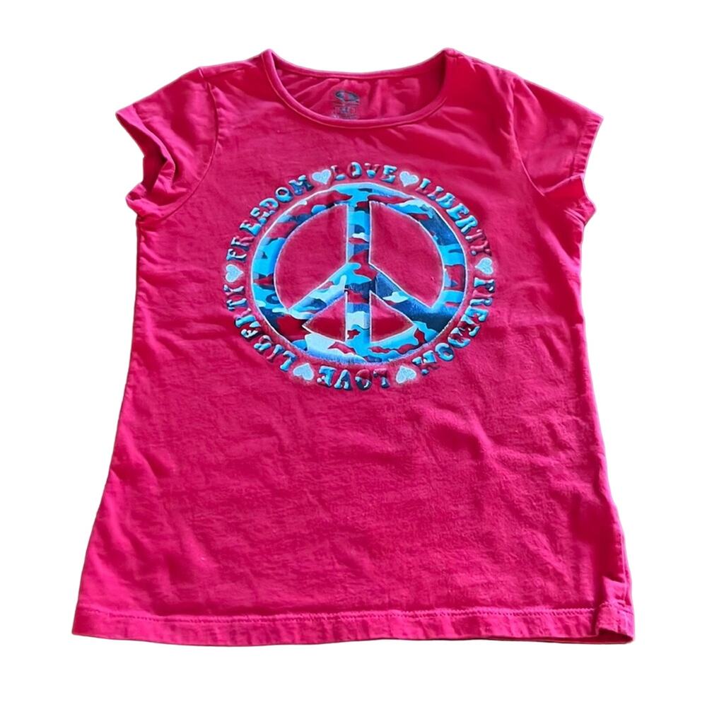 Athletic Works Girls M Red Patriotic Peace Sign Knit Top Tee Y2K